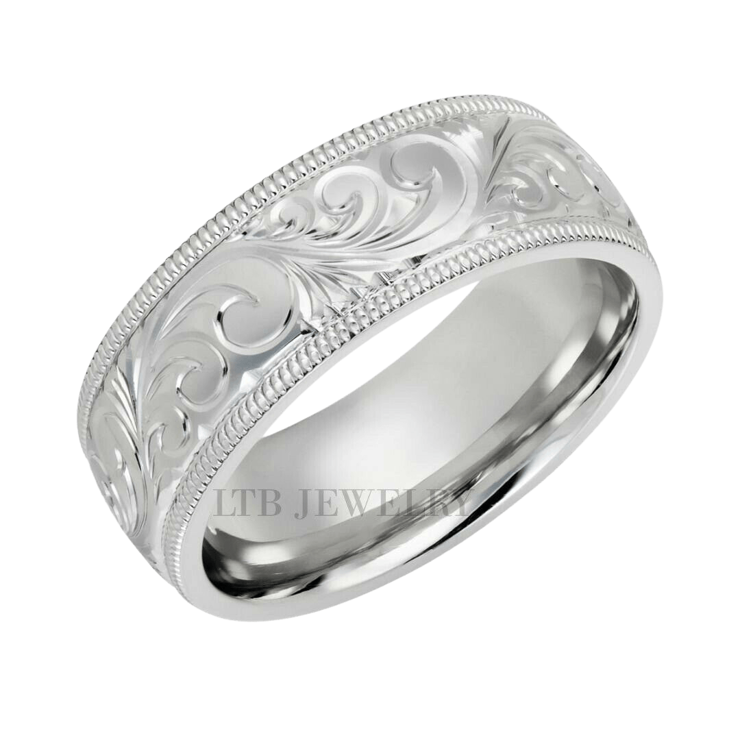 7mm 10K 14K 18K White Gold Hand Engraved Wedding Bands