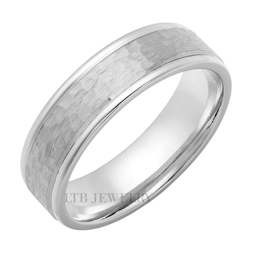 14K Solid White Gold Hammered Finish Wedding Bands
