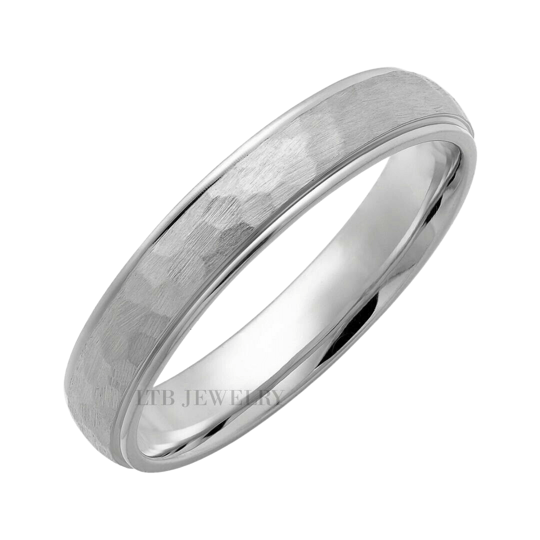 White Gold Hammered Finish Mens and Womens Wedding Rings