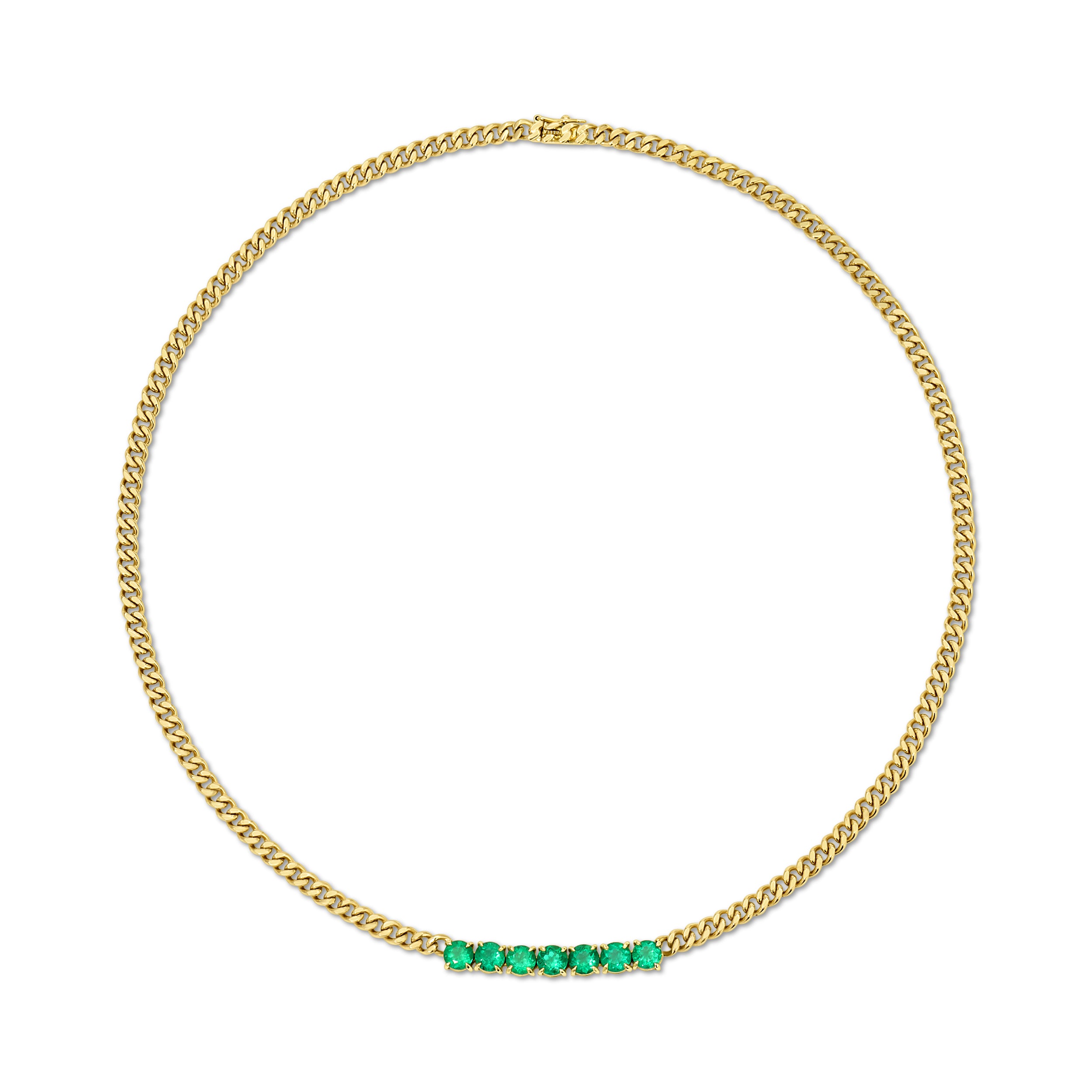 SMALL CUBAN CHAIN LINK NECKLACE WITH SEVEN ROUND EMERALDS