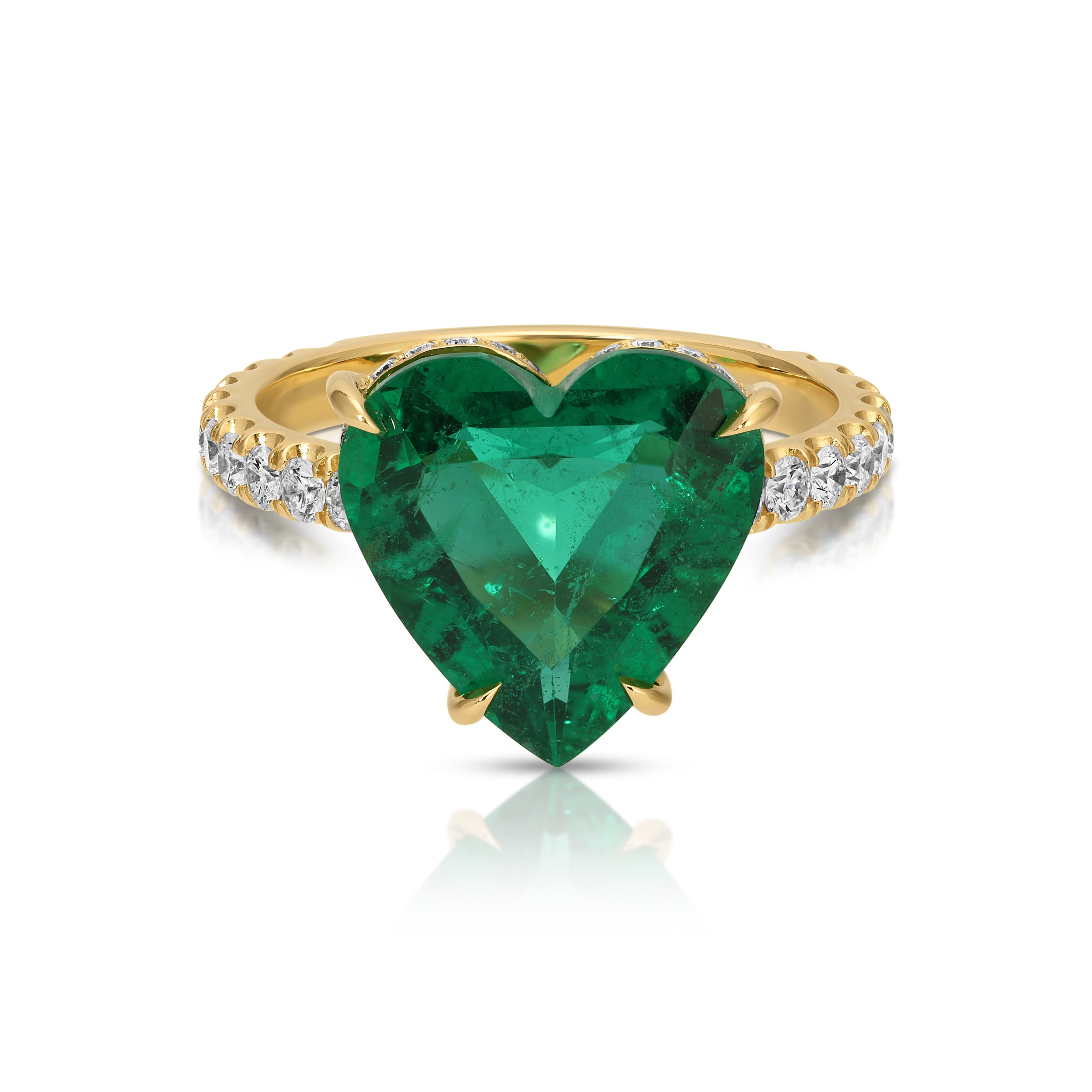 EMERALD HEART RING WITH DIAMOND BASKET AND BAND