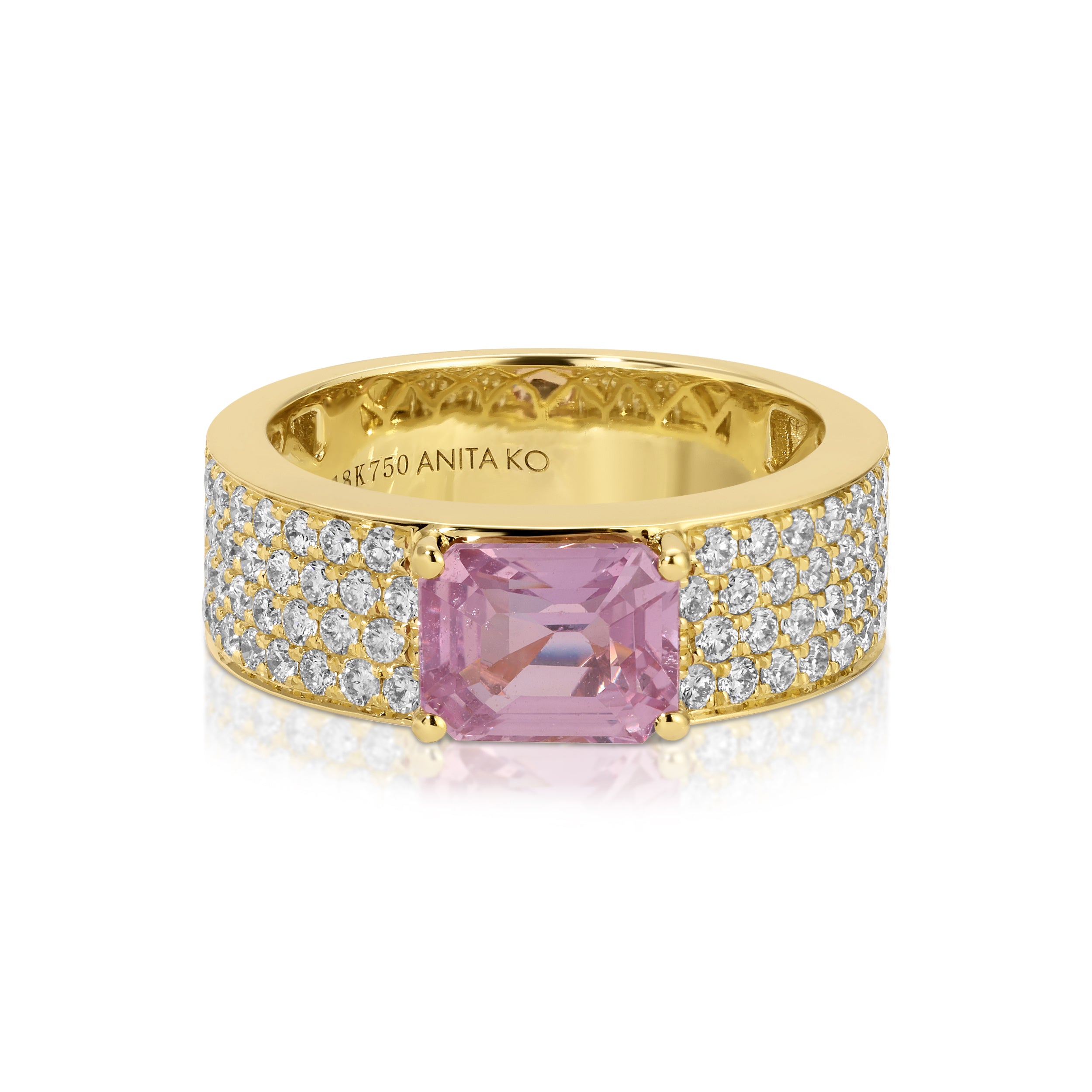 WIDE DIAMOND BAND WITH RADIANT CUT PINK SAPPHIRE CENTER