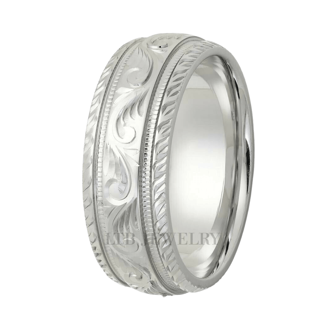 Hand Engraved Platinum Mens Wedding Bands