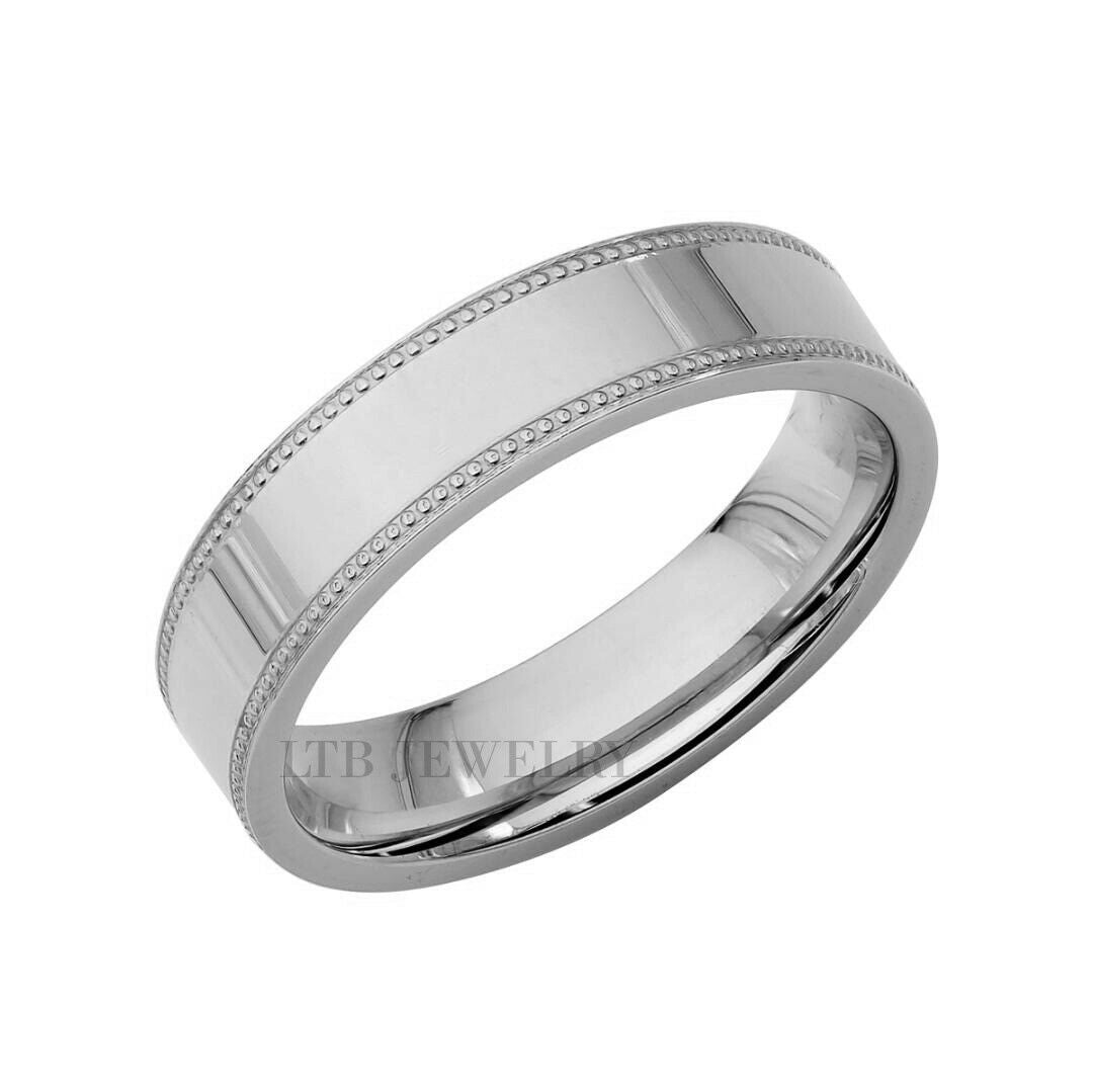 5mm 10K 14K 18K White Gold Flat Milgrain Mens Wedding Bands