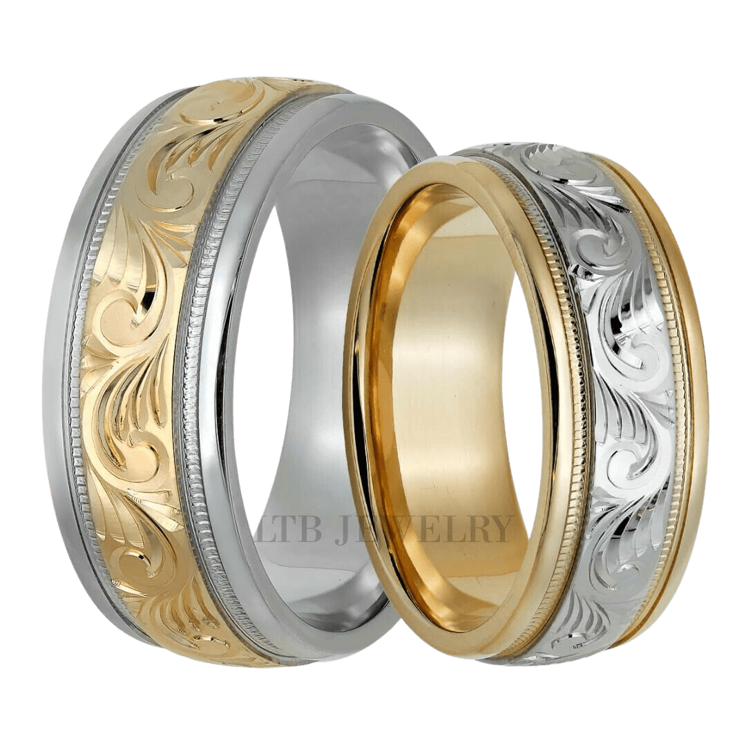 Hand Engraved Matching Wedding Bands Set