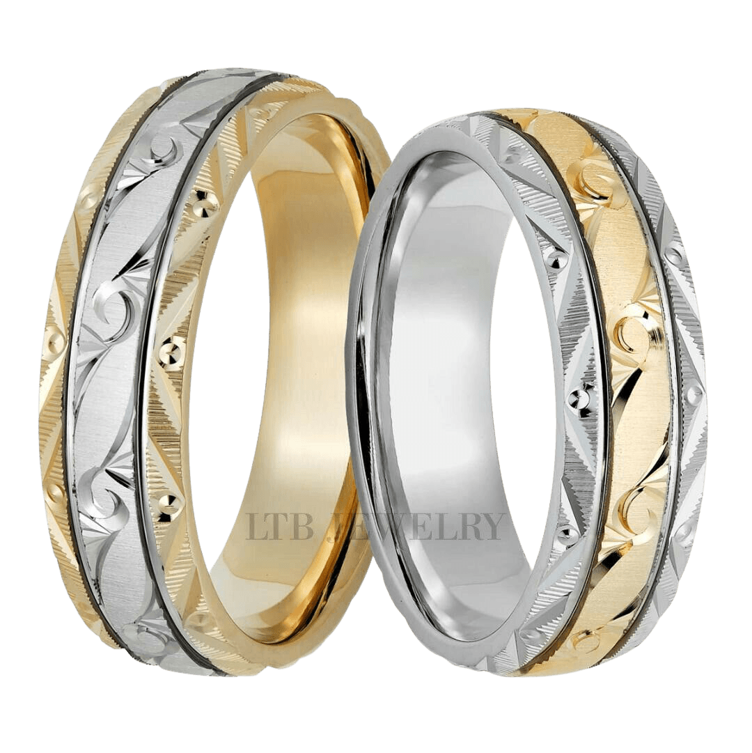 Two Tone Gold His and Hers Hand Engraved Wedding Bands