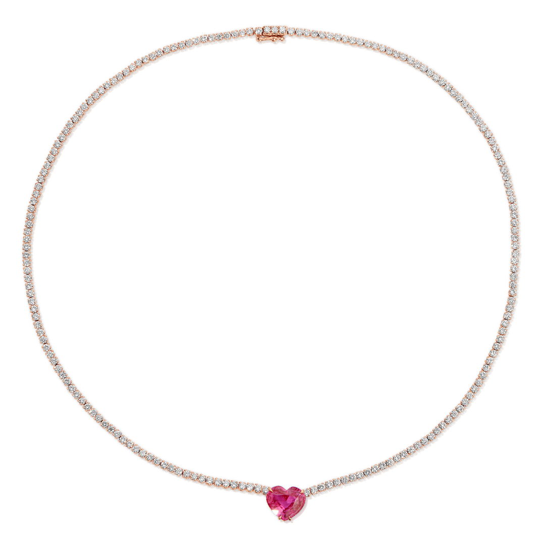 DIAMOND HEPBURN NECKLACE WITH HEART SHAPED PINK SAPPHIRE CENTER