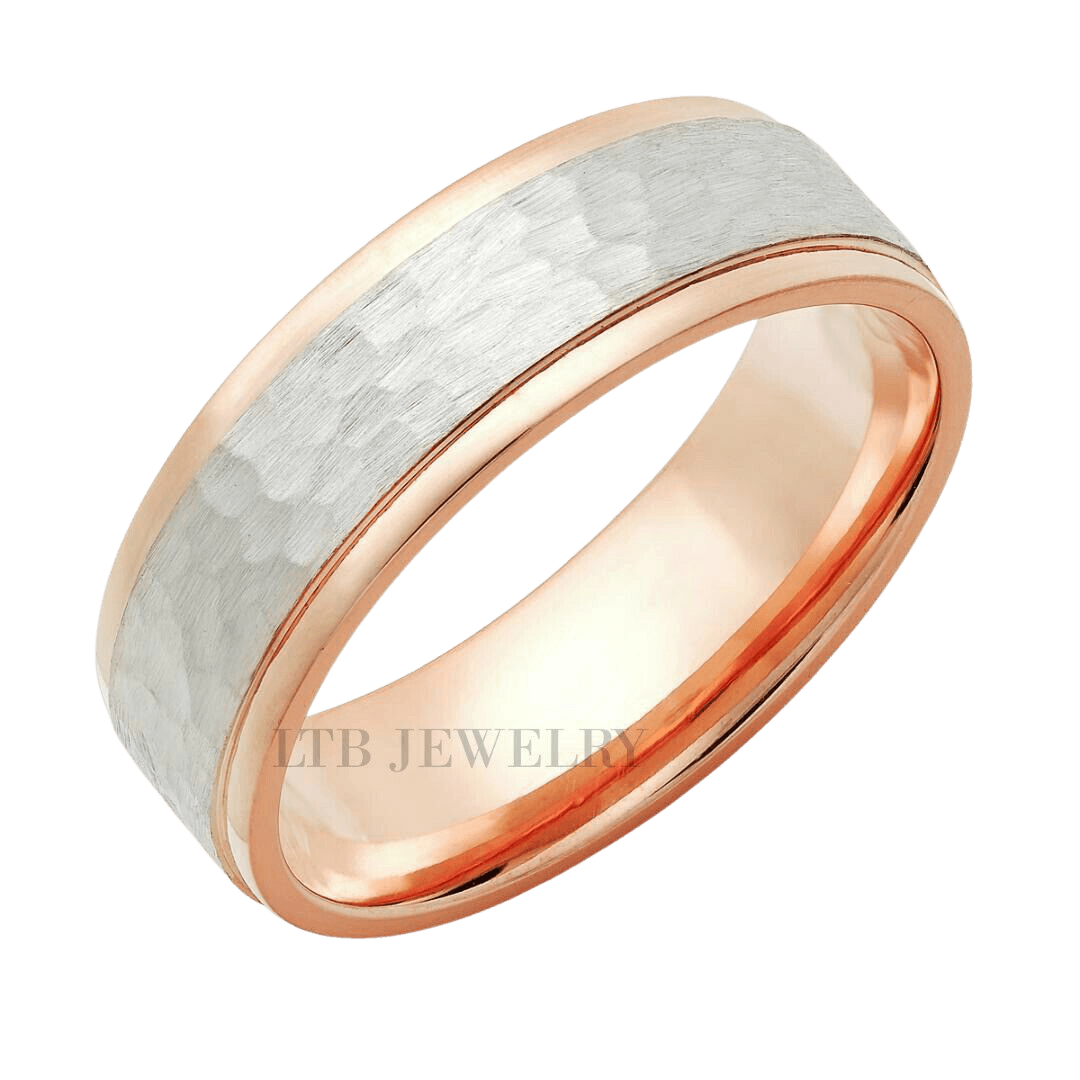 14K Rose Gold and Platinum Hammered Finish Mens Wedding Bands