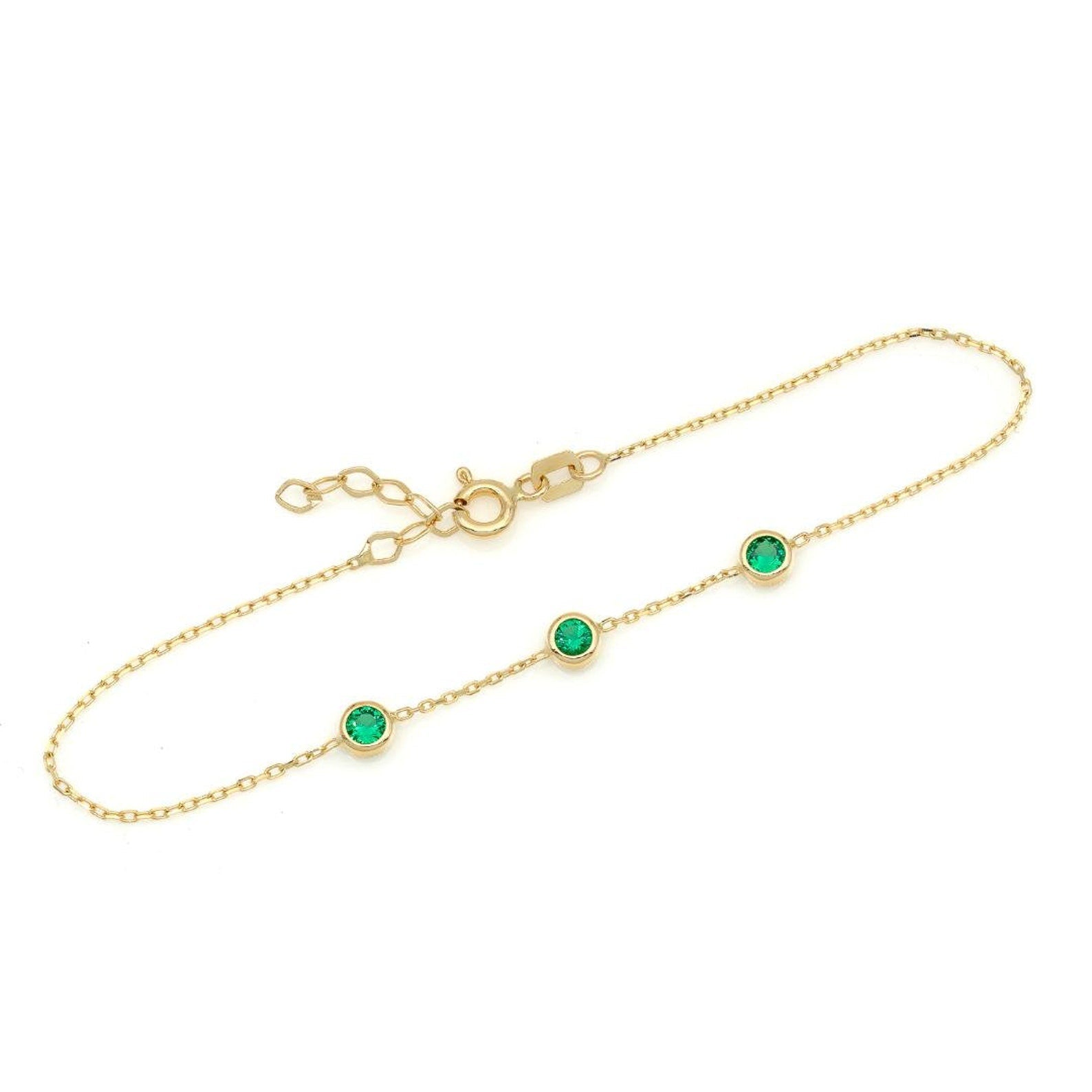 14K Solid Yellow Gold Station Emerald Bracelet