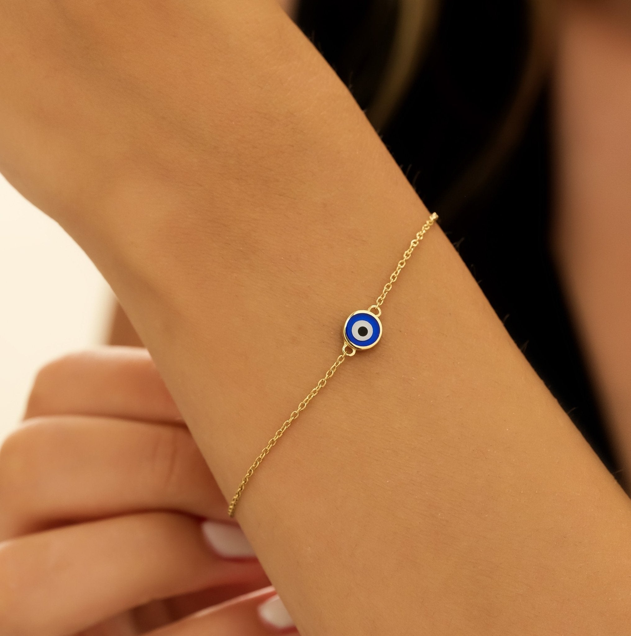 14K Solid Yellow Gold Minimalist Evil Eye Bracelet