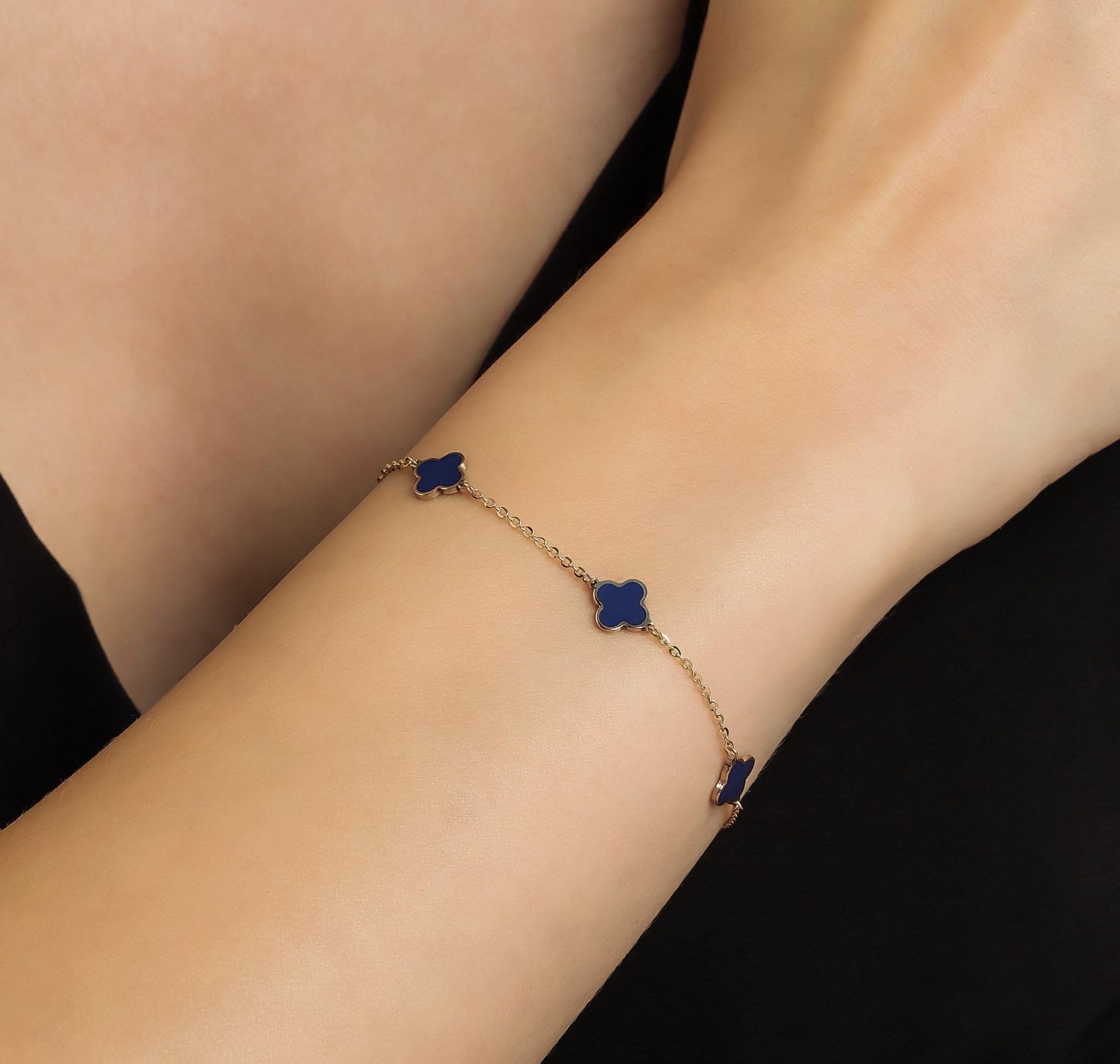 14K Yellow Gold Lapis Four Leaf Clover Station Bracelet