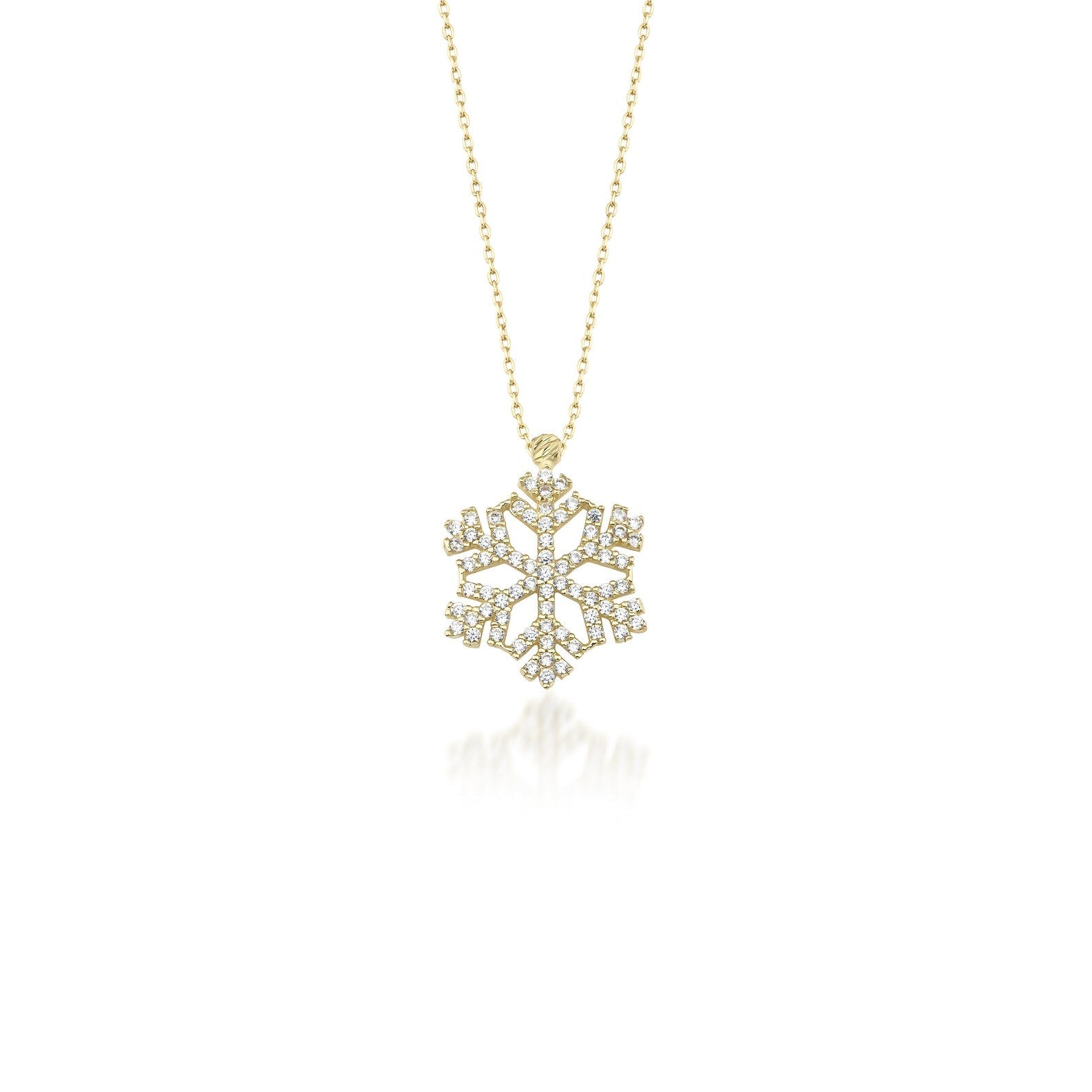 14K Solid Yellow Gold Snowflake Necklace