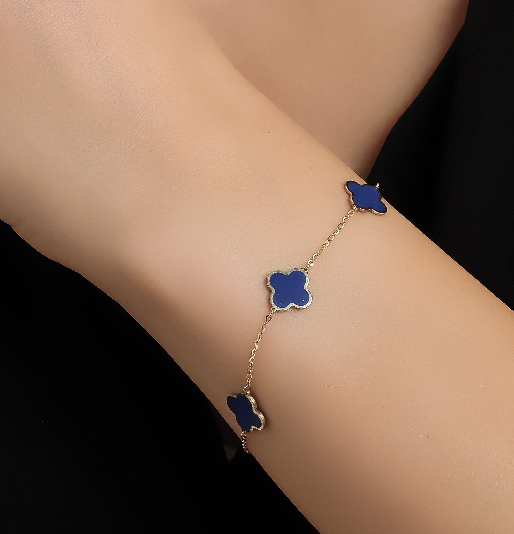 14K Yellow Gold Lapis Four Leaf Clover Bracelet