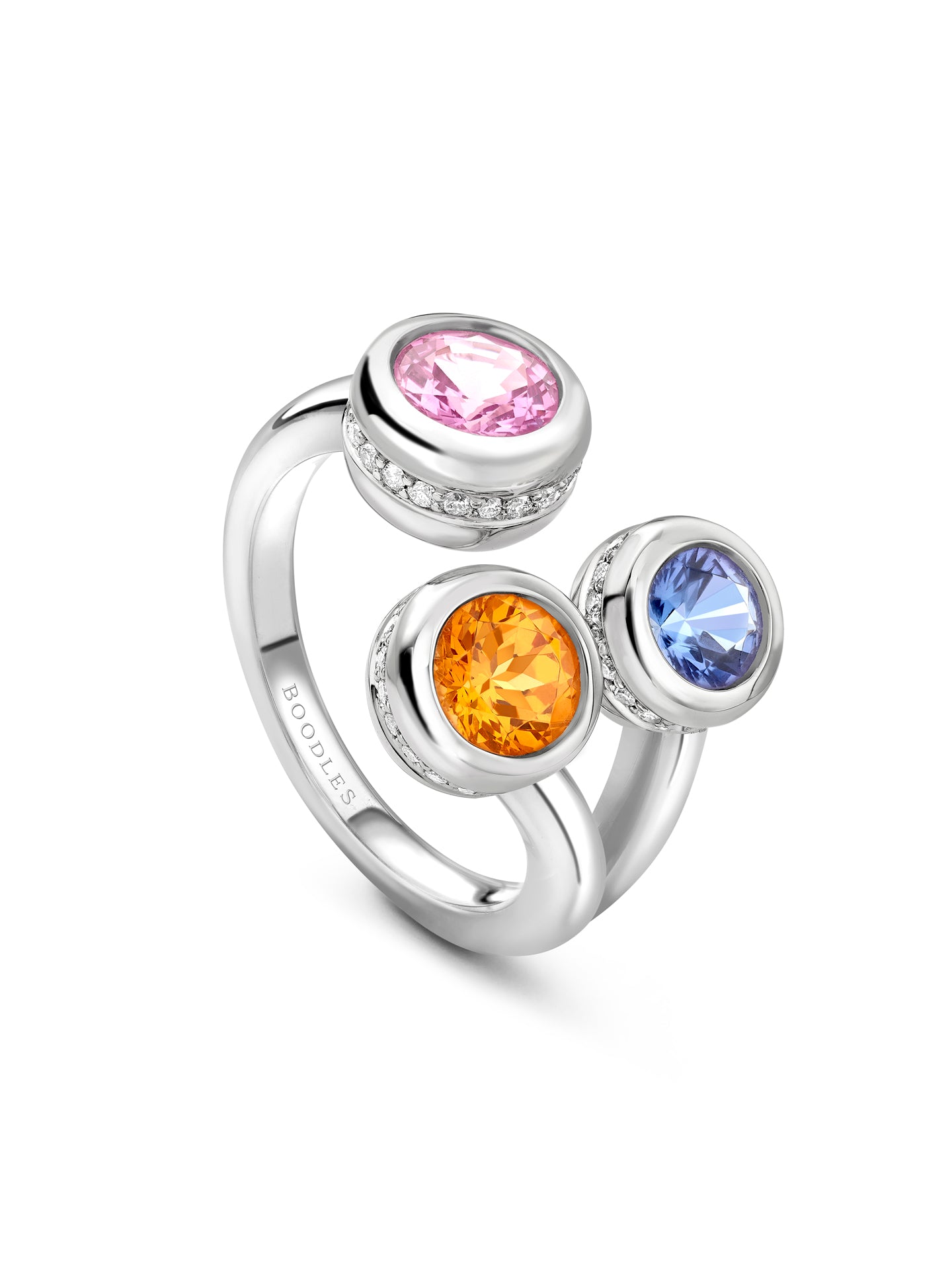 Beach Three Stone Sapphire Garnet Tsavorite Platinum Ring
