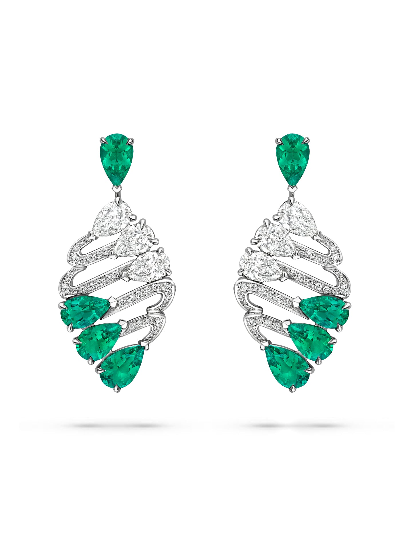 Classic Scroll Pear Emerald and Diamond Platinum Earrings